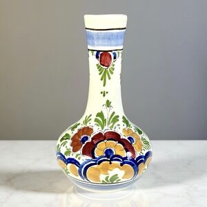 VTG Delft De Delftse Pauw Polychrome Bud Vase Floral Hand Painted Signed 5.75"